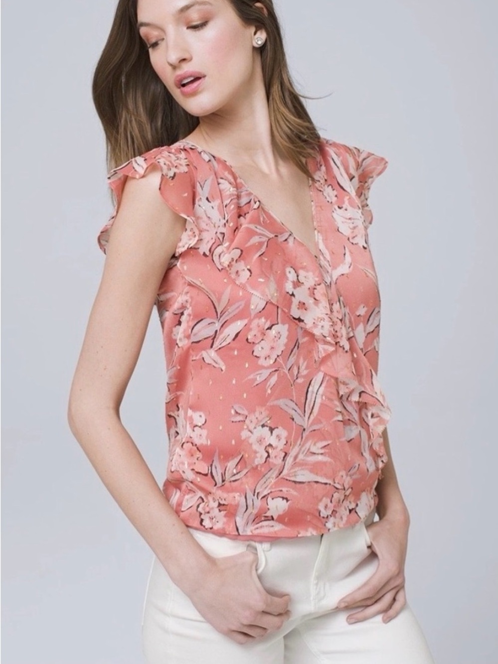 White House Black Market Pink Faux Wrap Chiffon Mettalic Flutter Sleeve top 8
